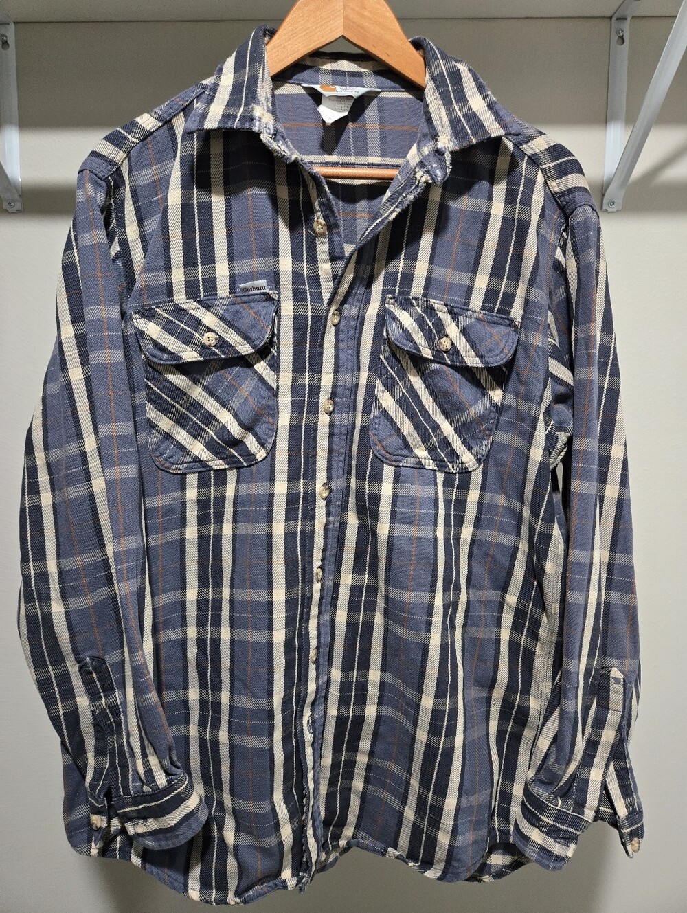 Vintage Carhartt Flannel Shirt Men’s Large Blue Plaid Long Sleeve Heavy Cotton